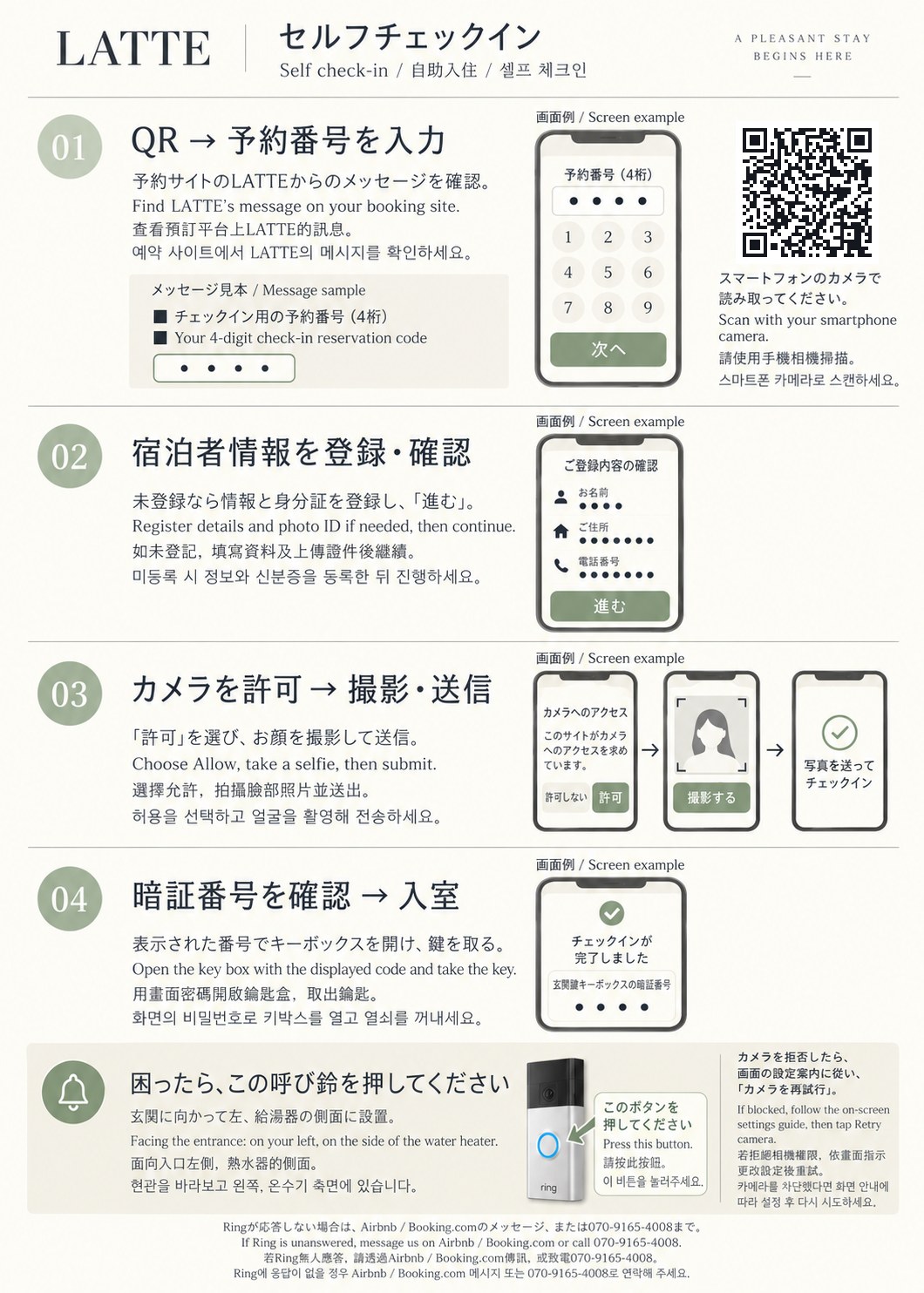 セルフチェックインの手順(玄関掲示) / Self check-in steps